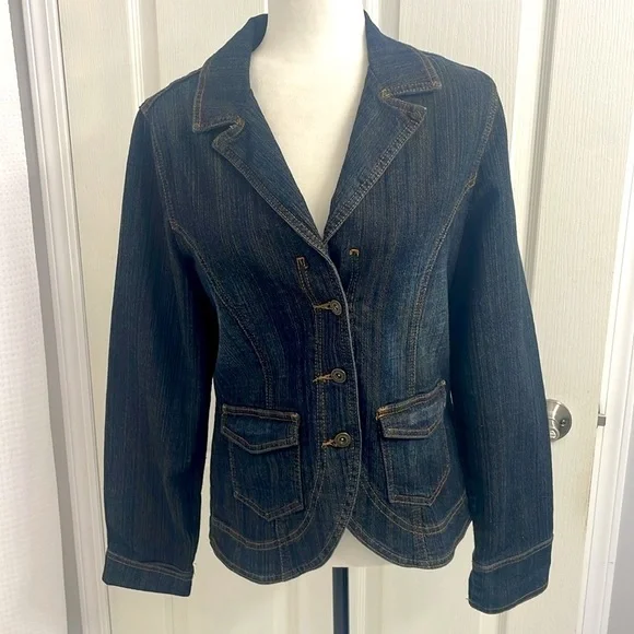 Vintage Tommy Hilfiger Dk Wash Denim Blazer Button Closure Pockets Fitted Size L - Picture 6 of 14